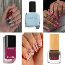 A collage featuring colorful nail art designs and nail polish bottles in blue, burgundy, and brown shades