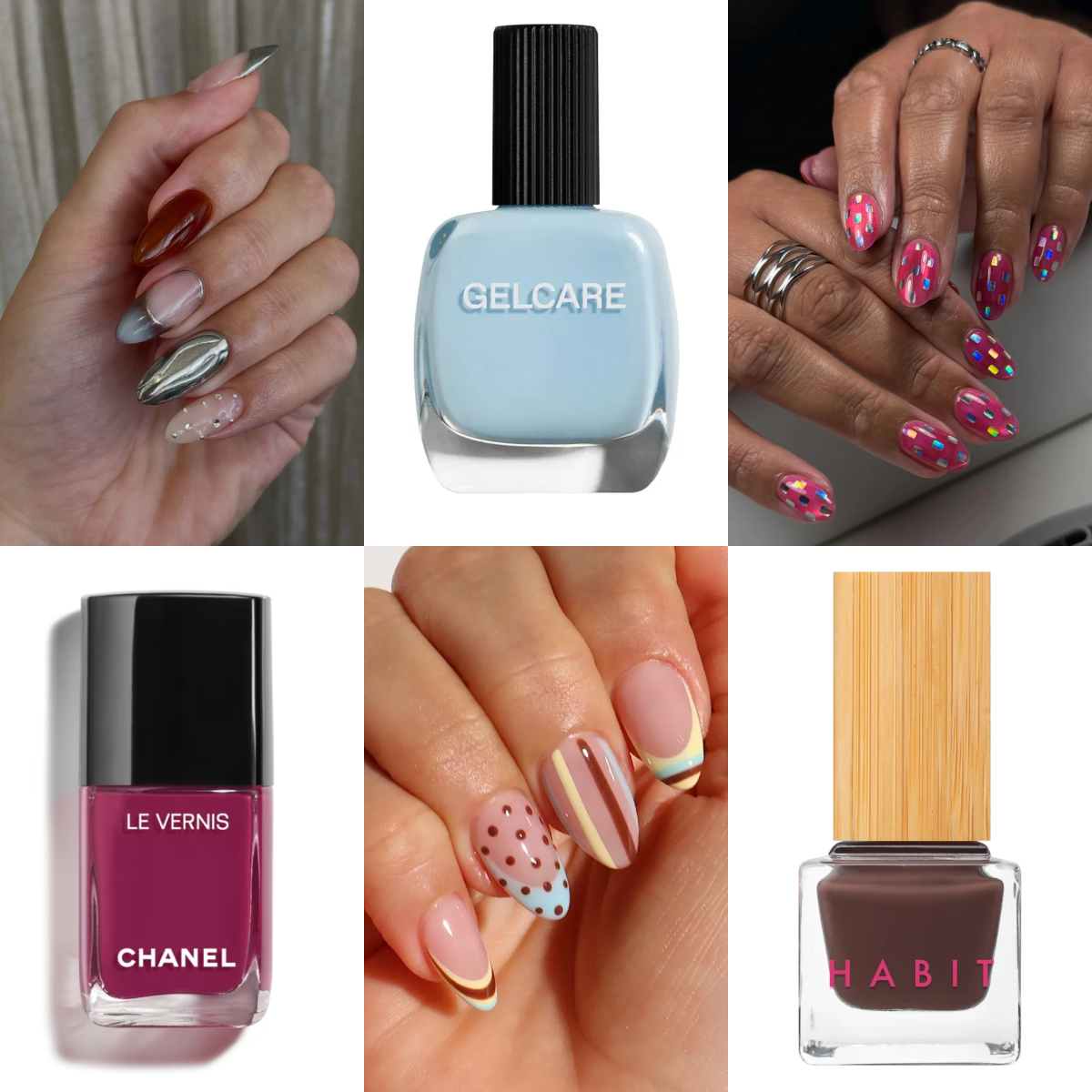 A collage featuring colorful nail art designs and nail polish bottles in blue, burgundy, and brown shades