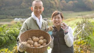 Two farmers with a basket of potatoes