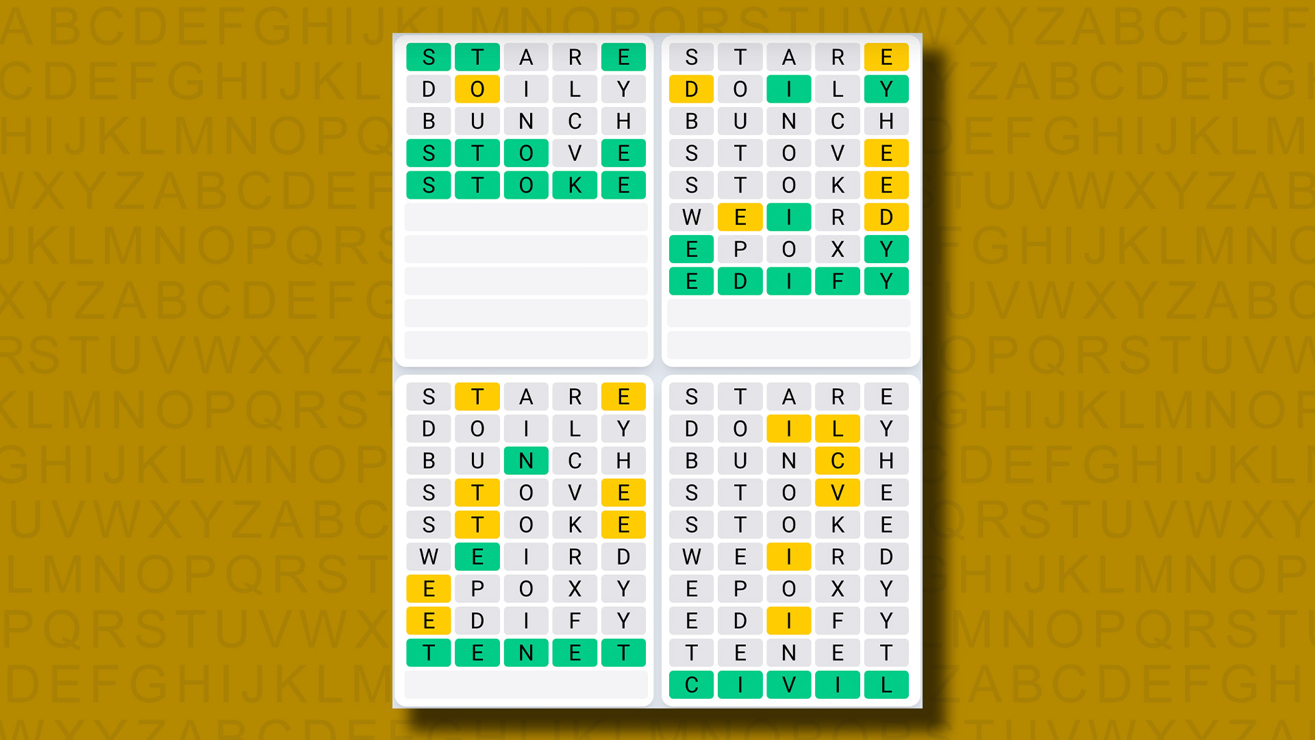 Quordle daily sequence answers for game 996 on a yellow background