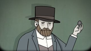 Bearded man in a large at holding a spotted black egg