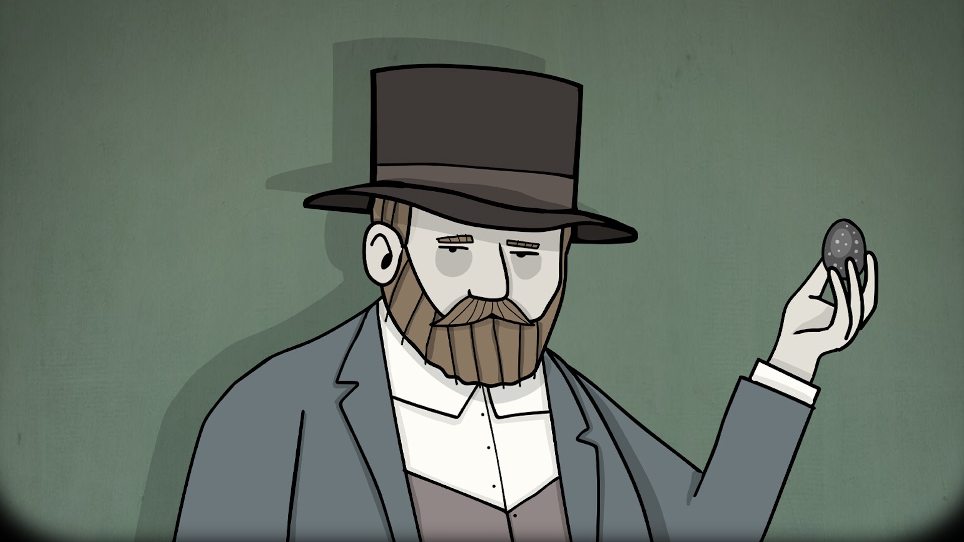 Bearded man in a large at holding a spotted black egg