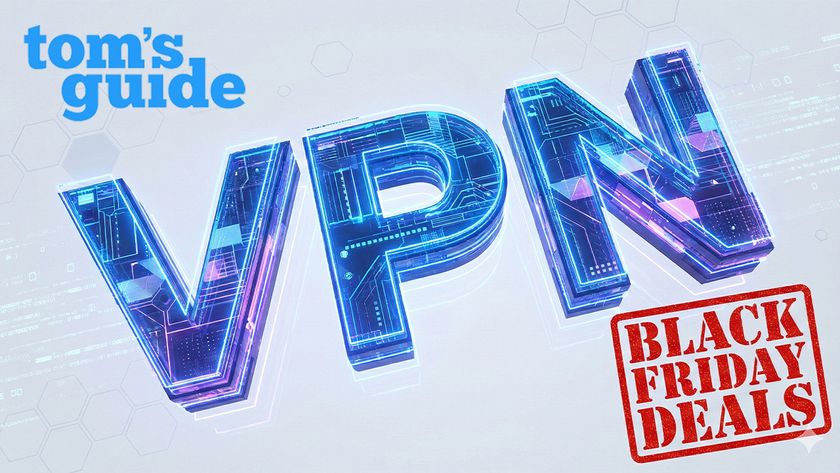 Large text &quot;VPN&quot; on a pale background of circuitry, with the Tom&#039;s Guide logo in the top left, and a red stamp saying &quot;Black Friday Deals&quot; in the bottom right.