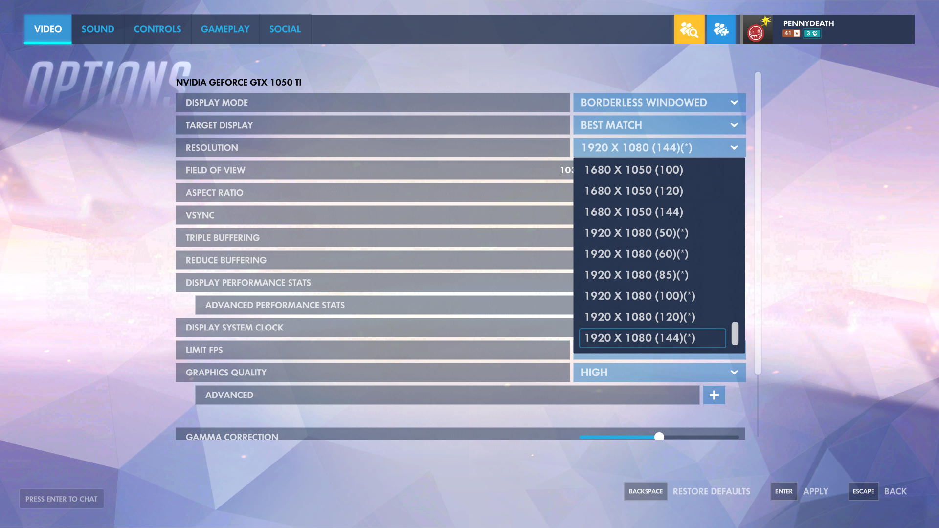 Local machine in-game resolution settings.