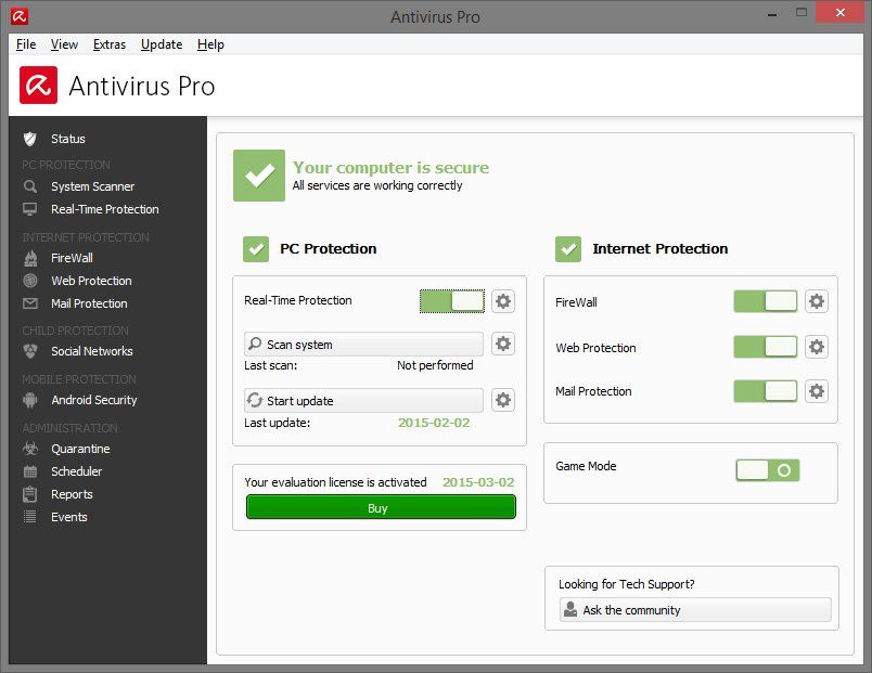 Avira Antivirus 2015 main window