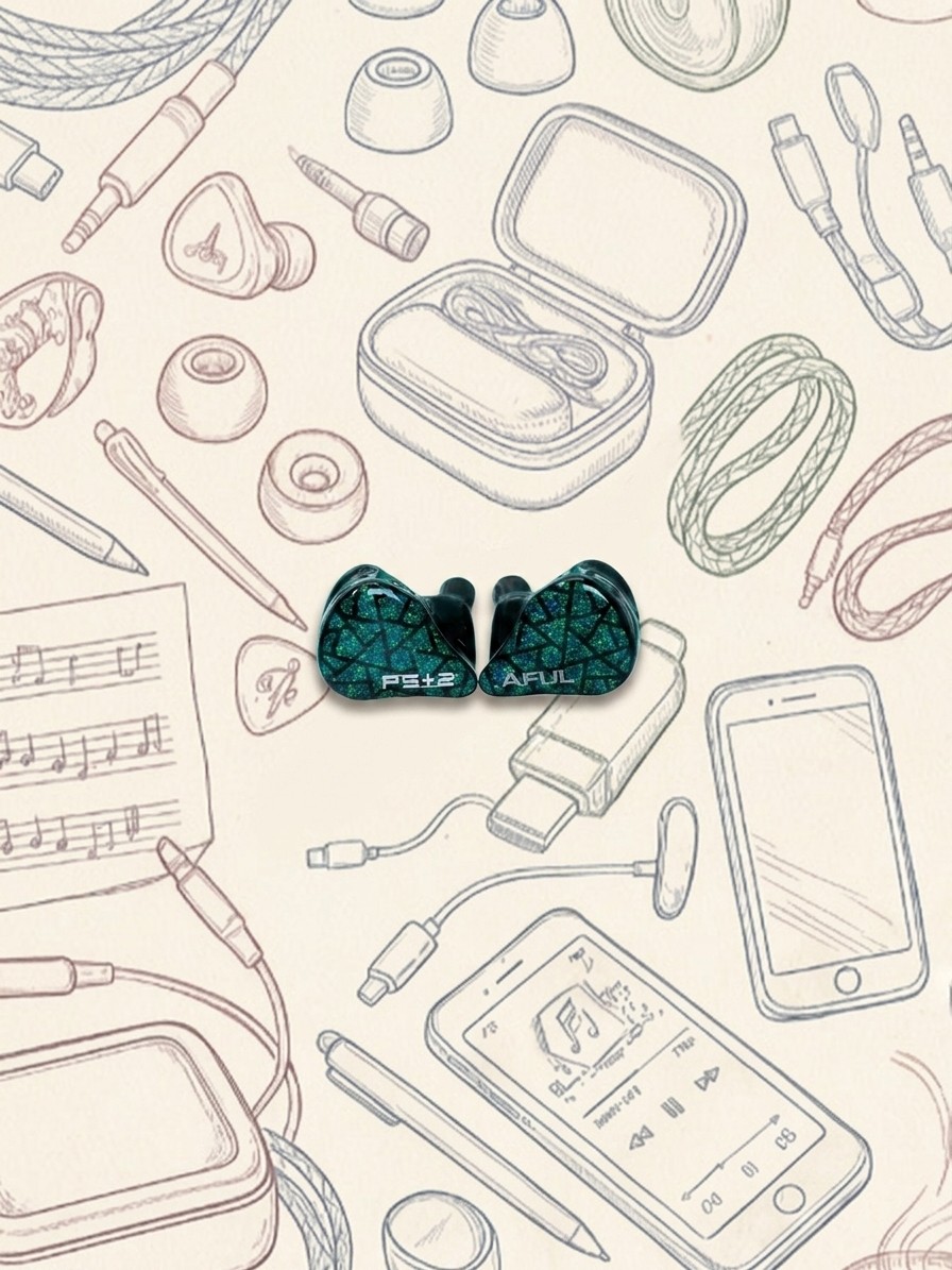 A selection of in-ear monitors on an AI-generated, illustrative background.