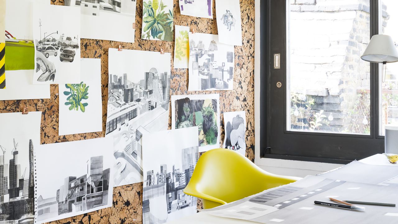 Cork board wall in a home office