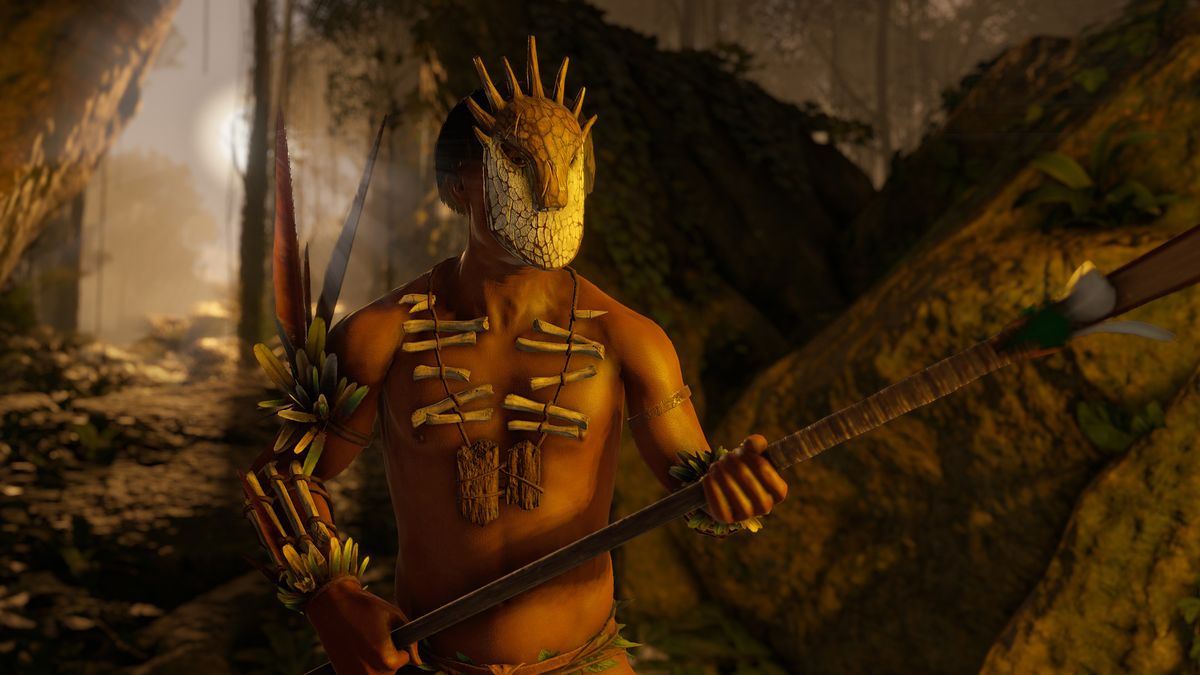 Green Hell screenshot - shirtless dude in a weird mask holding a spear