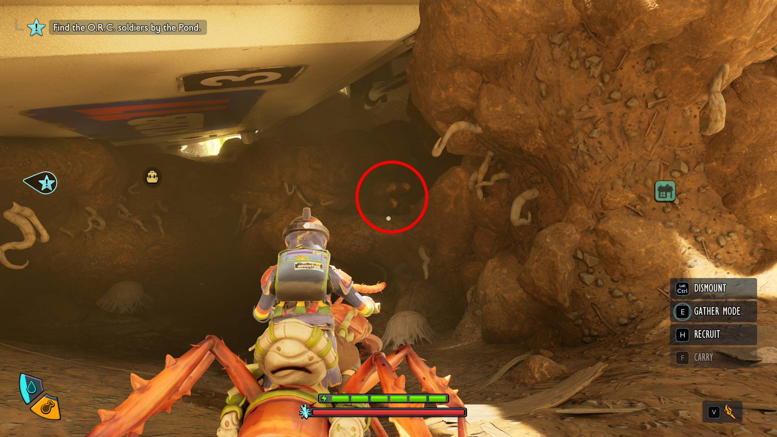 Grounded 2 Milk Molar locations: A red circle highlights a Mega Milk Molar on a ledge in a dirt hovel.
