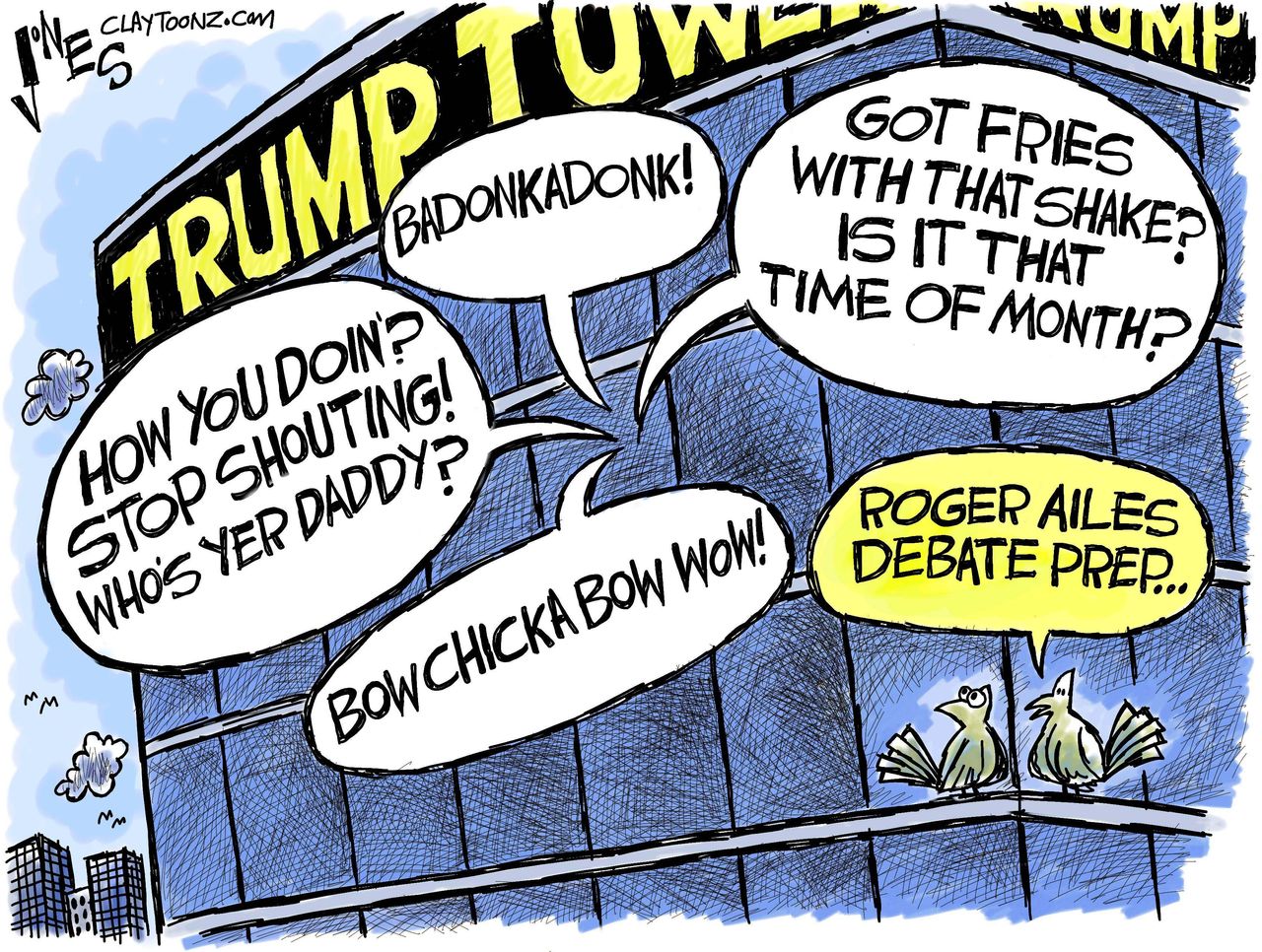 Political cartoon U.S. Donald Trump Ronald Ailes GOP debate prep