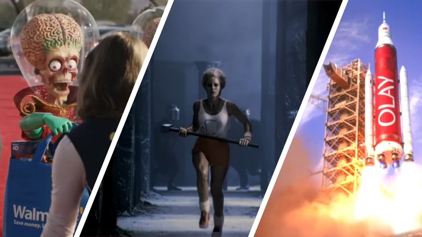 Split image showing screenshots from three Super Bowl ads for Walmart, Apple Macintosh, and Olay.