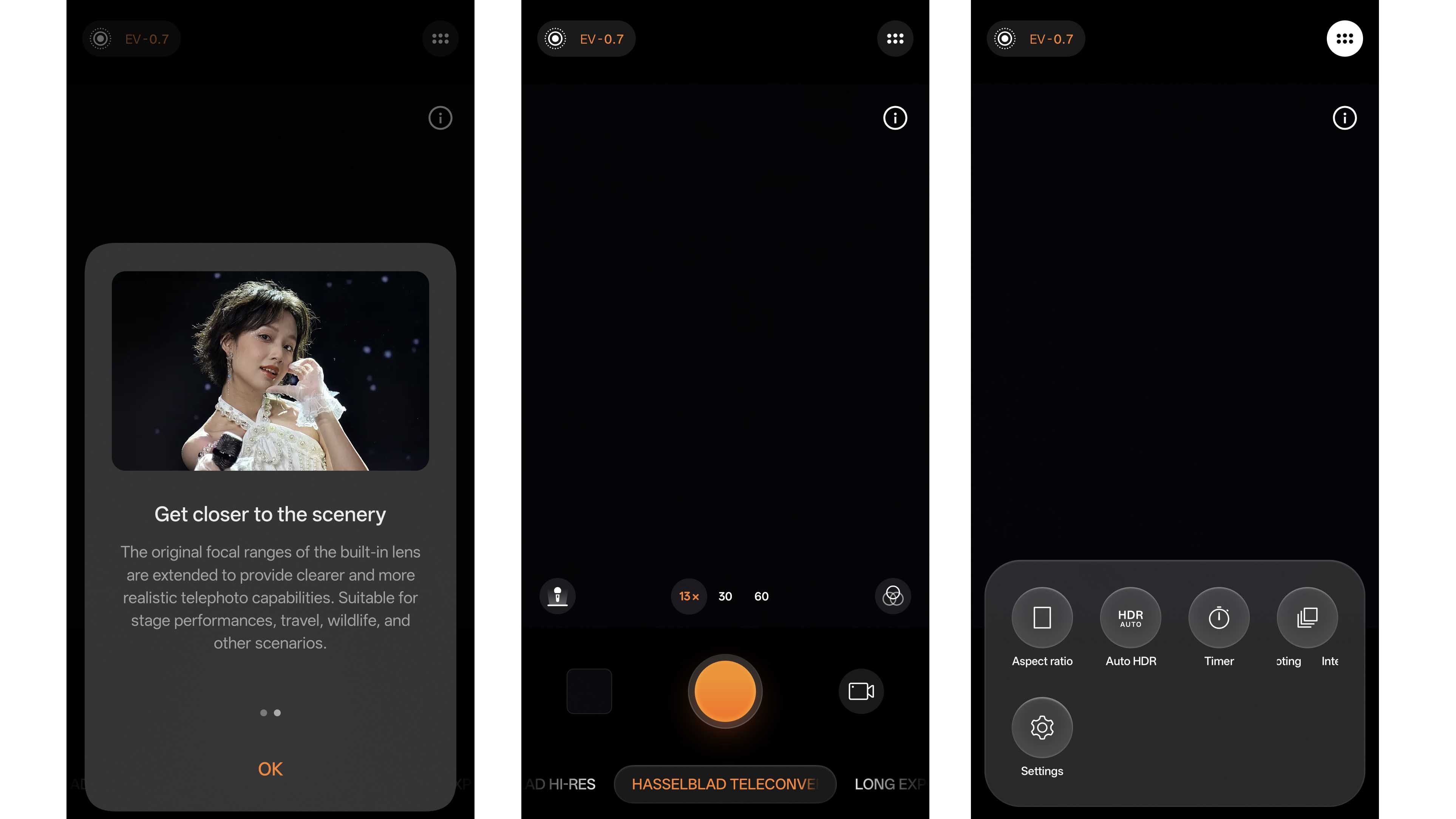 Screenshots of the Oppo Find X9 Ultra's Hasselblad Teleconverter mode in the camera app, showing the settings available