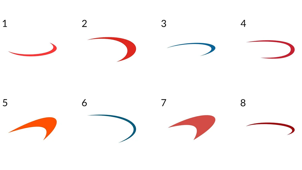 A series of eight swoosh logos with the brand names removed for a logo quiz