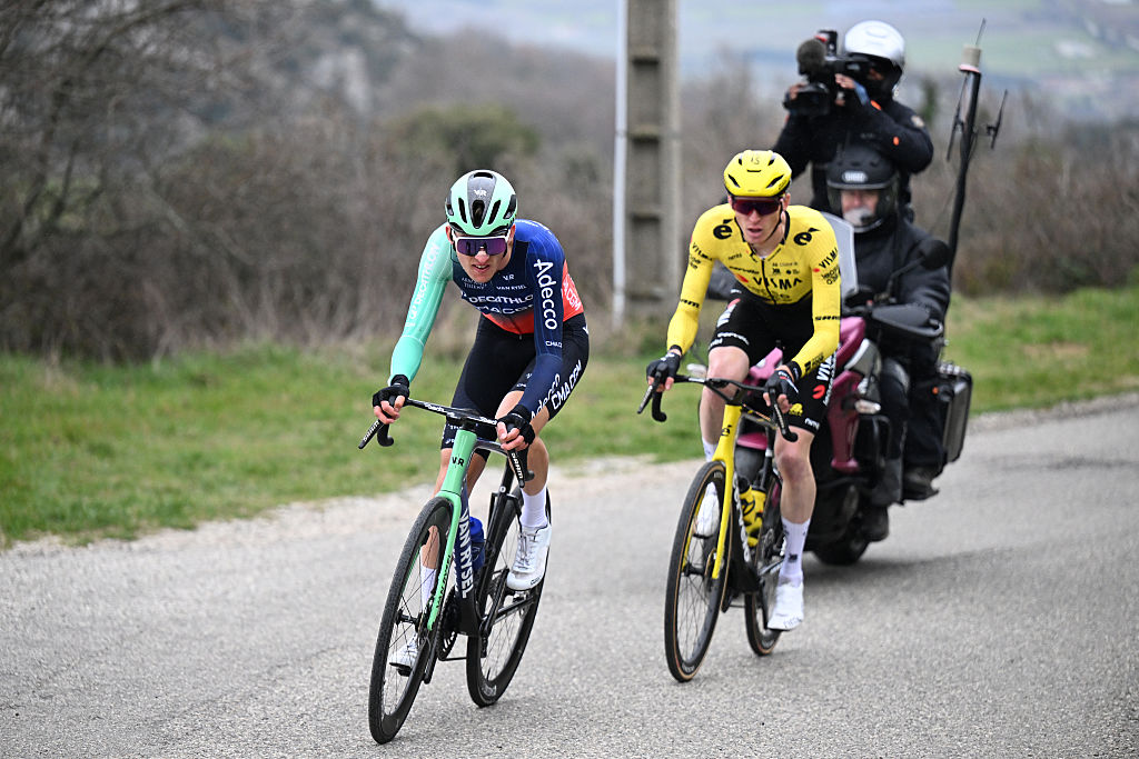 GUILHERAND-GRANGES, FRANCE - FEBRUARY 28: (L-R) Paul Seixas of France and Team Decathlon CMA CGM and Matteo Jorgenson of United States and Team Visma | Lease a Bike compete in the breakaway during the 26th Faun-Ardeche Classic 2026 a 187.6km one day race from Guilherand-Granges to Guilherand-Granges on February 28, 2026 in Guilherand-Granges, France. (Photo by Billy Ceusters/Getty Images)