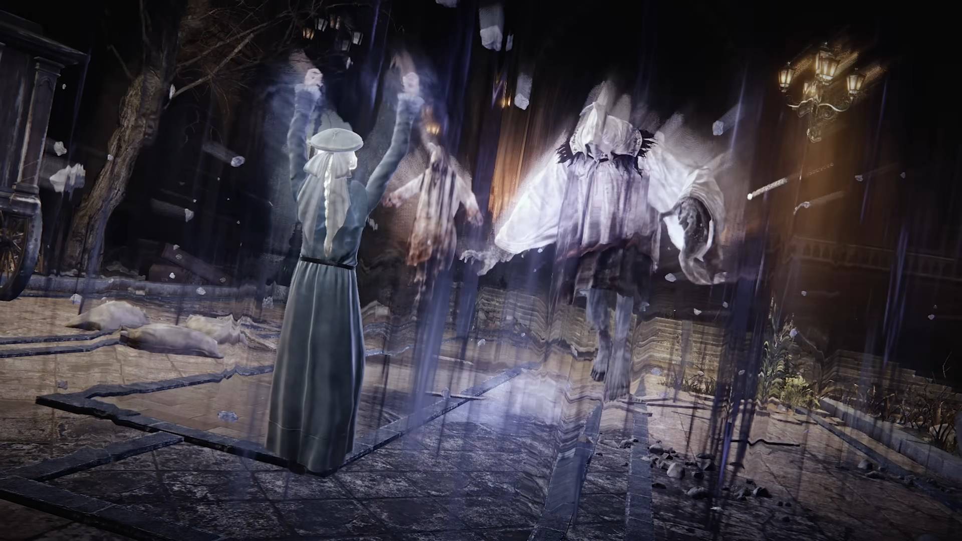 The Duskbloods character with pale hair and a blue coat using gravity magic to lift up enemies