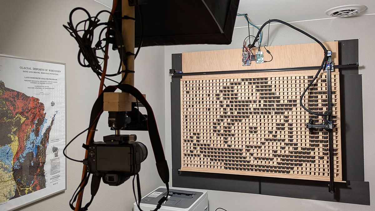 Enthusiast spends 6 years building 'world's most impractical display' — 1,000-pixel wood panel uses a hacked-apart CNC machine to change a single pixel just 10 times a minute