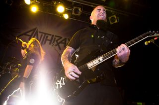 Dan Nelson (L) and Scott Ian of Anthrax perform on stage at ULU on June 16, 2009 in London, England.