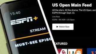 A split image, with a phone showing the ESPN+ streaming screen on the left, and a screengrab showing the US Open playing in 4K HDR on the right