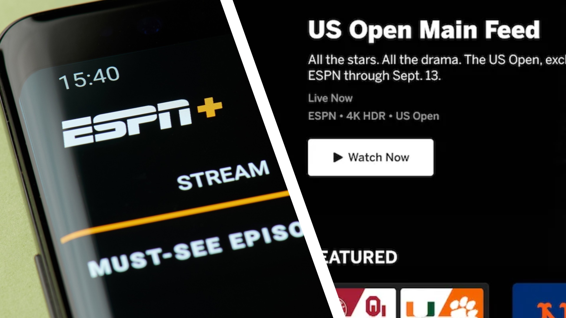 A split image, with a phone showing the ESPN+ streaming screen on the left, and a screengrab showing the US Open playing in 4K HDR on the right