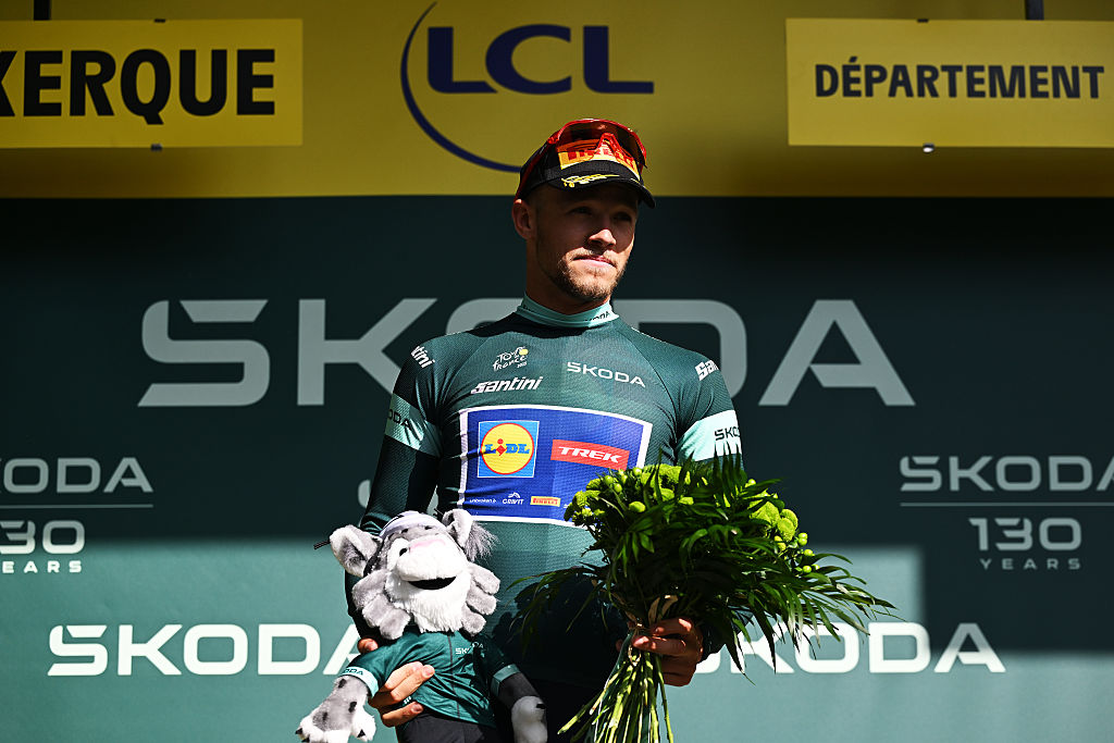 DUNKERQUE, FRANCE - JULY 07: Jonathan Milan of Italy and Team Lidl - Trek celebrates at podium as Green Sprint Jersey winner during the 112th Tour de France, Stage 3 a 178.3km stage from Valenciennes to Dunkerque / #UCIWT / on July 07, 2025 in Dunkerque, France. (Photo by Tim de Waele/Getty Images)