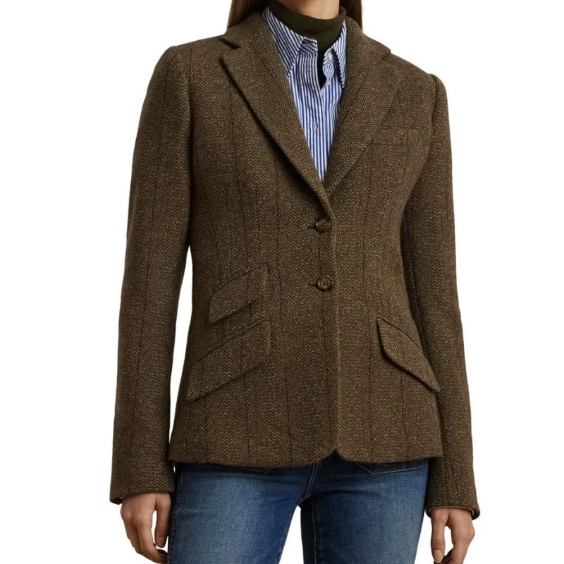 Wool Blend Herringbone Tweed Blazer on model