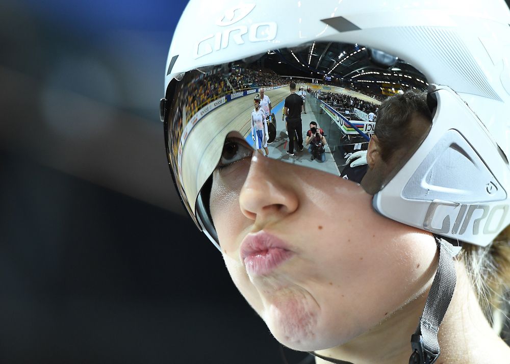 France's Mathilde Gros takes part in a qualifying round for the women's sprint during the UCI Track Cycling World Championships in Apeldoorn