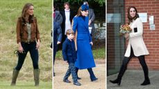 Three images of Kate Middleton (L-R) Kate wearing wellies in a field, Kate and Prince Louis at Sandringham, 2023 and Kate Middleton in a white coat and black boots