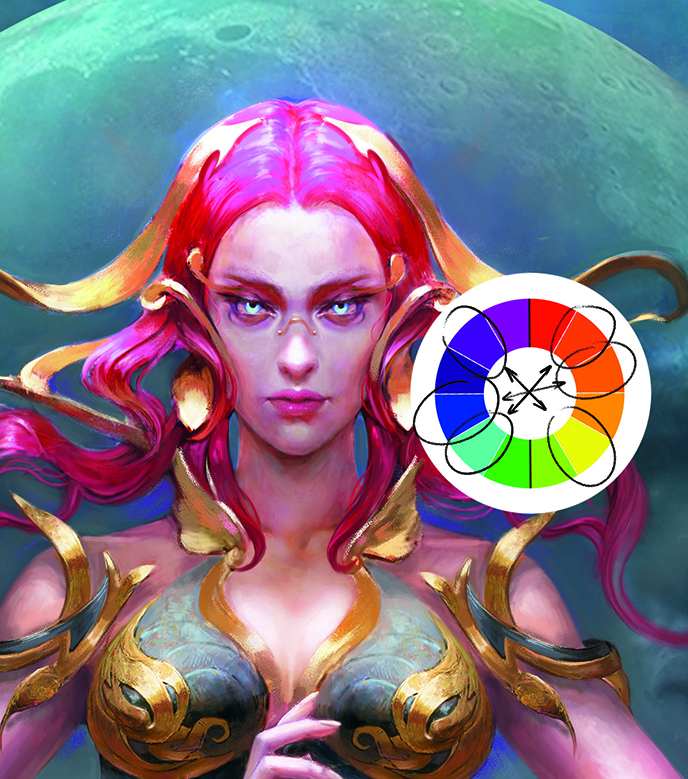 Explore silhouettes for your characters; A female character with flowing pink hair next to a colour wheel