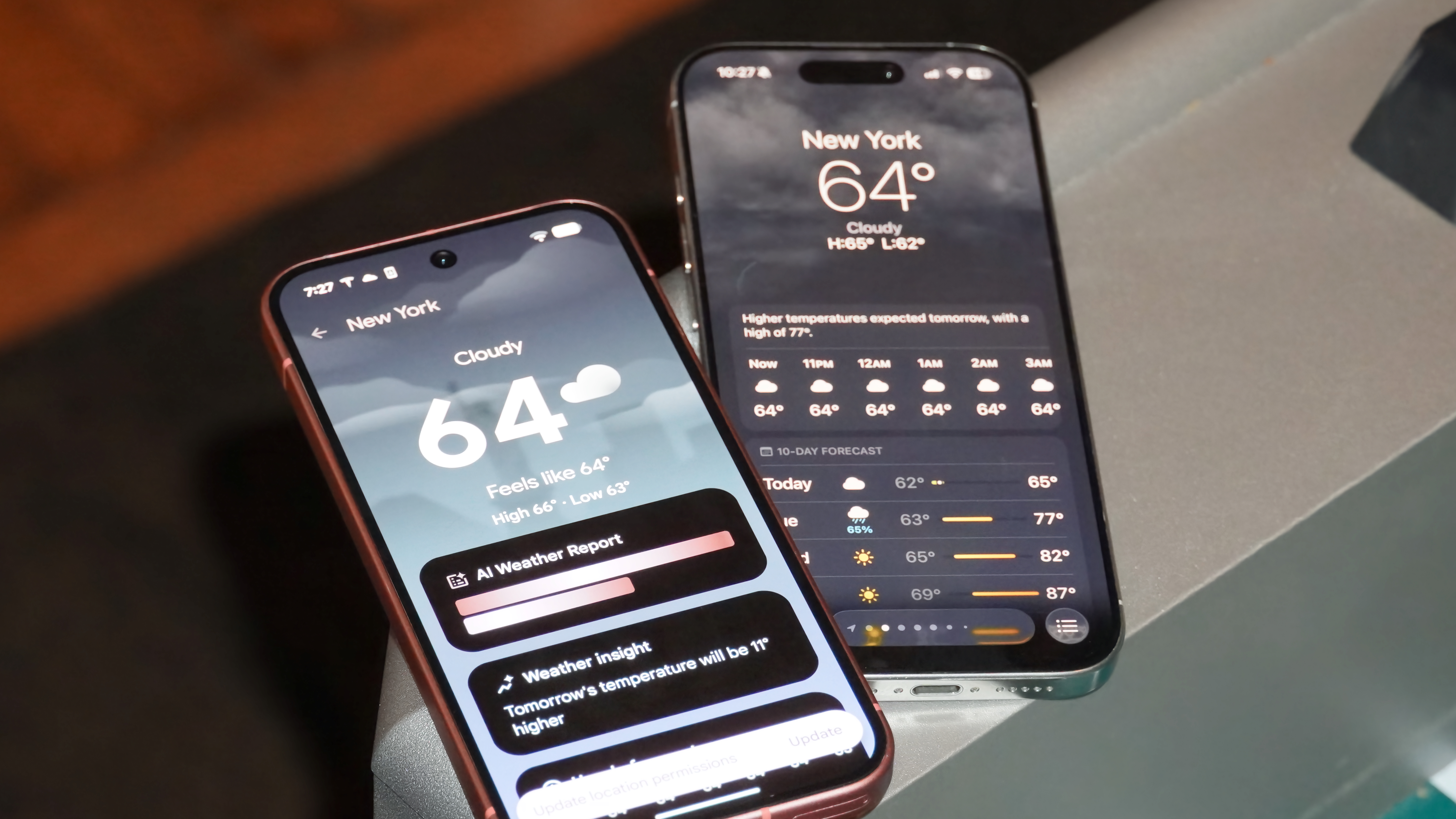 The Pixel Weather and Apple Weather apps on Android 16 and iOS 26, respectively.