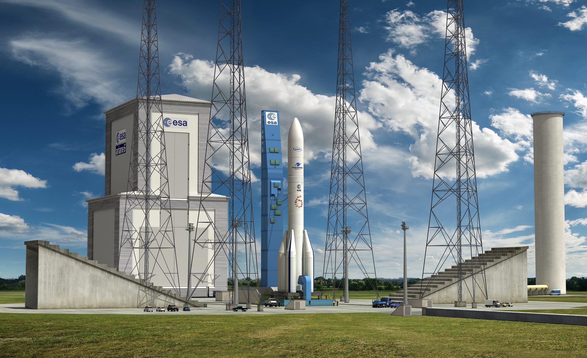 An artist's illustration of an Ariane 6 rocket at its launch site at Europe's Spaceport in in Kourou, French Guiana.