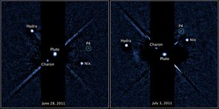 Two labeled images of the Pluto system, released on July 20, 2011, taken by the Hubble Space Telescope's Wide Field Camera 3 ultraviolet visible instrument with newly discovered fourth moon P4 circled. The image on the left was taken on June 28, 2011. The image of the right was taken on July 3, 2011.
