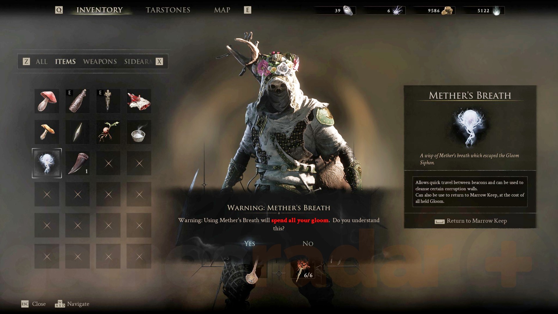A warning shows before using Mether's Breath to fast travel to the Mortal Shell 2 Marrow Keep.