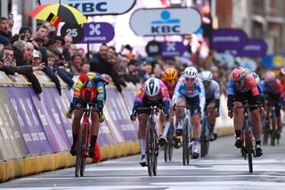 WEVELGEM, BELGIUM - MARCH 24: (L-R) Elisa Balsamo of Italy and Team Lidl-Trek, Lorena Wiebes of The Netherlands and Team SD Worx-Protime and Chiara Consonni of Italy and UAE Team Adq sprint at finish line to win the race during the 13rd Gent-Wevelgem in Flanders Fields 2024, Women's Elite a 171.2km one day race from Ieper to Wevelgem / #UCIWWT / on March 24, 2024 in Wevelgem, Belgium. (Photo by Tim de Waele/Getty Images)