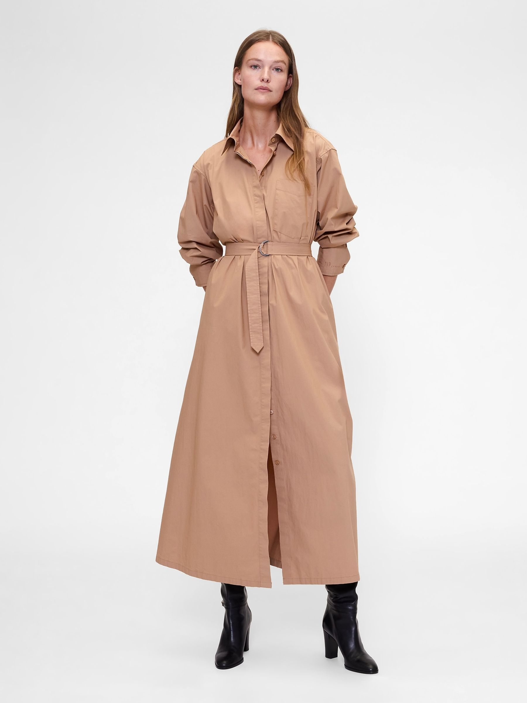 Beige Poplin Belted Oversized Maxi Shirt Dress