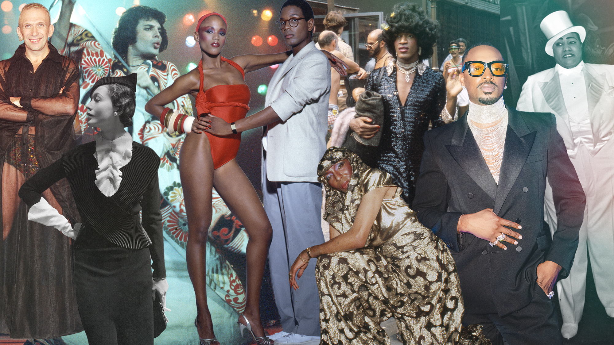 Collage of queer fashion icons through history.