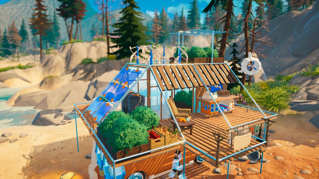 Outbound screenshots showing gameplay of a camper van with unique structures built upon it and dog companion mechanics.