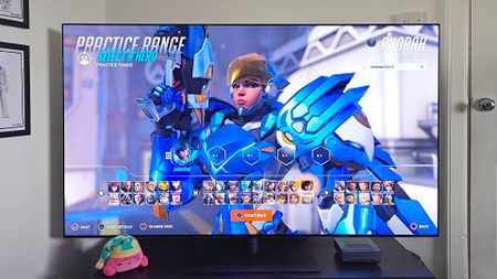 LG OLED G4 TV with Overwatch 2 on screen and Pharah selected