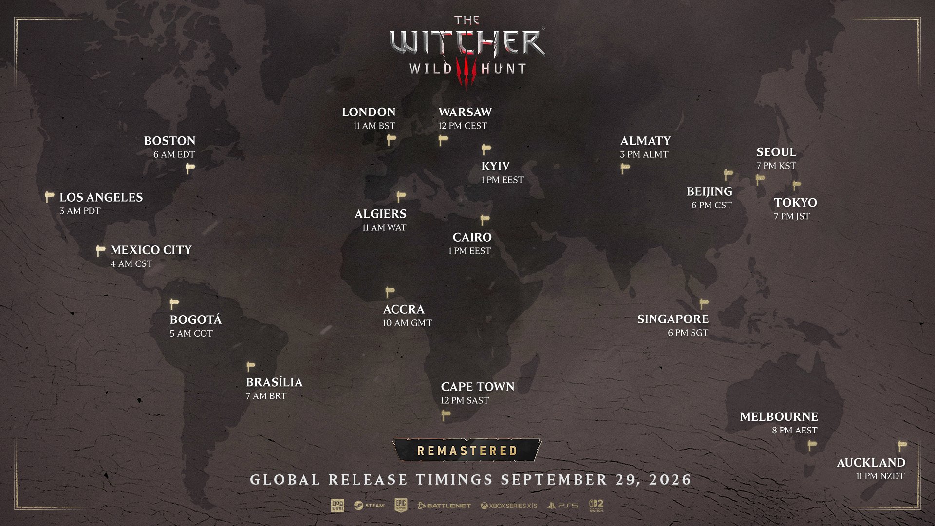 A maps showing The Witcher 3 Remastered release times around the world
