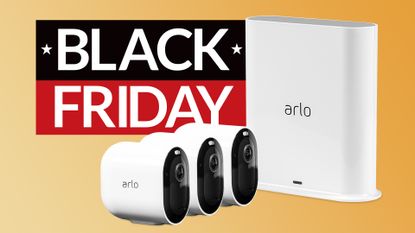 Arlo Pro 3 camera system on yellow background with sign saying Black Friday
