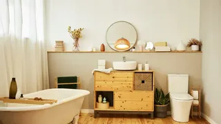 White bathroom with wooden furniture