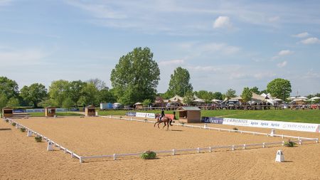 A distant shot of a dressage arena at Hickstead wth a horse cantering across the diagonal in front of the judges' huts.