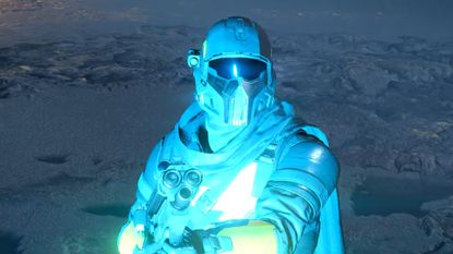 Helldivers 2 soldier in blue lighting