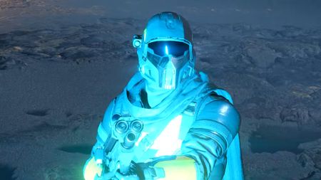 Helldivers 2 soldier in blue lighting