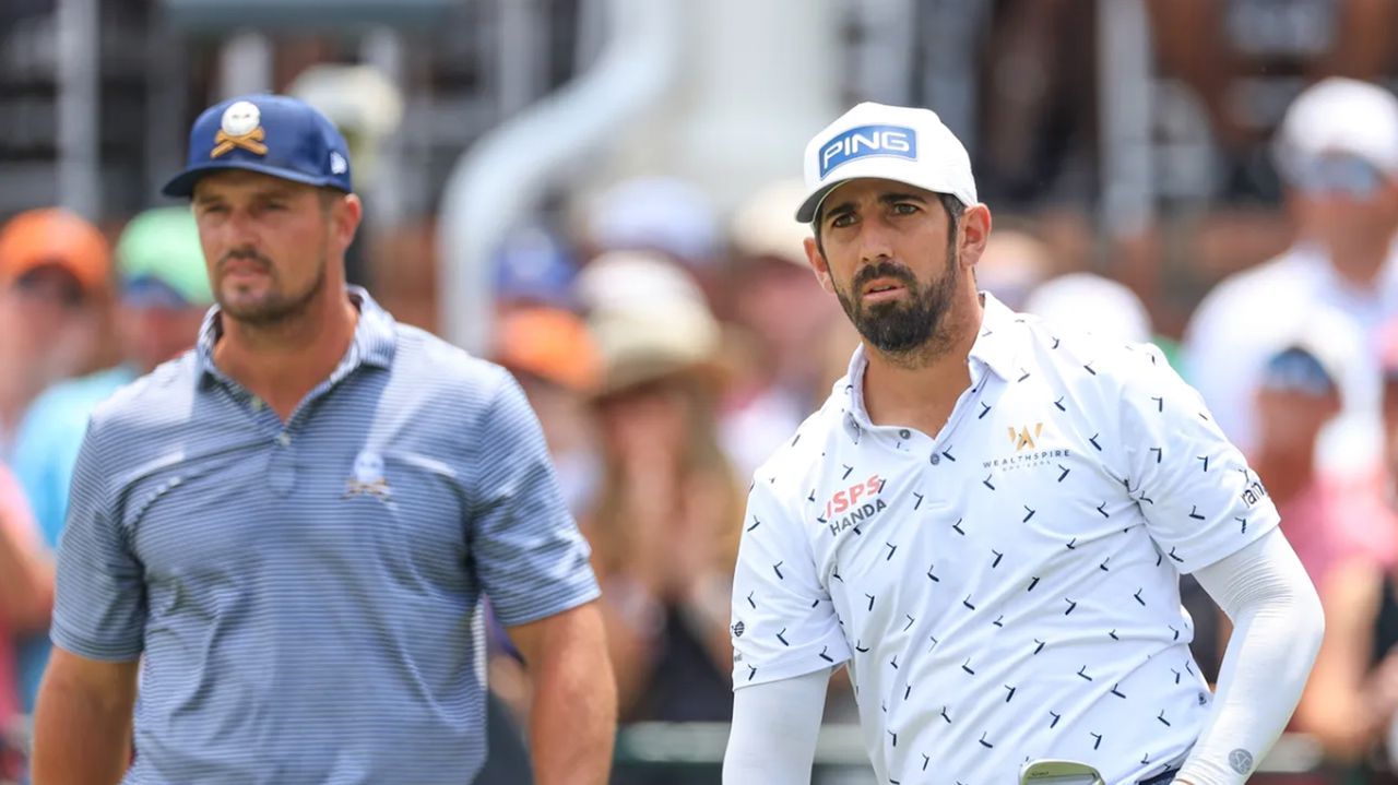 Matthieu Pavon (right) looks on next to Bryson DeChambeau