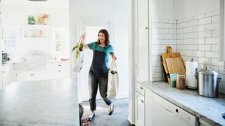 Pregnant woman walking into house with groceries