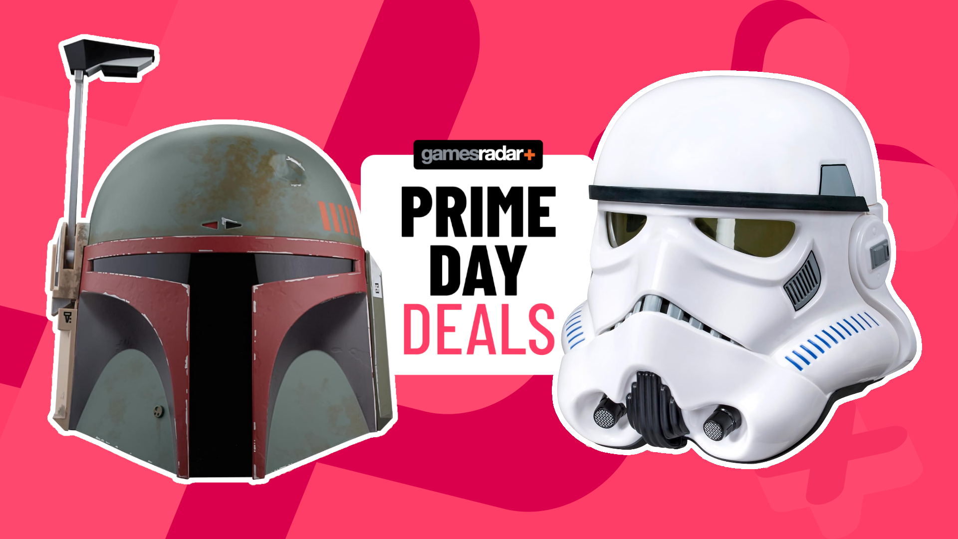 A Boba Fett and Stormtrooper helmet on either side of a Prime Day deals badge, against a pink background