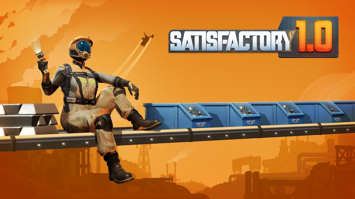 A Pioneer character in an orange jump suit with an orange helmet sits on a piece of factory equipment. The text &quot;Satisfactory 1.0&quot; is on the right side of the image in blocky, stylized font.