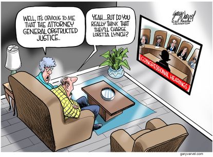 Political cartoon U.S. Trump obstruction justice Loretta Lynch Jeff Sessions