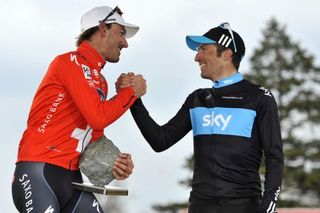 Fabian Cancellara (Saxo Bank) is congratulated by Juan Antonio Flecha (Sky)