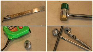 A few prototype Abbey Bike Tools from Jeff Crombie's tool bag. The upcoming pedal spanner (top left), a threaded hammer fitting to turn the cassette tool into a light duty whacker (top right), a crank plug for an exact saddle height measurement from the bottom bracket (bottom left) and a compact, super light bearing press with 24 and 30mm steps (bottom right)